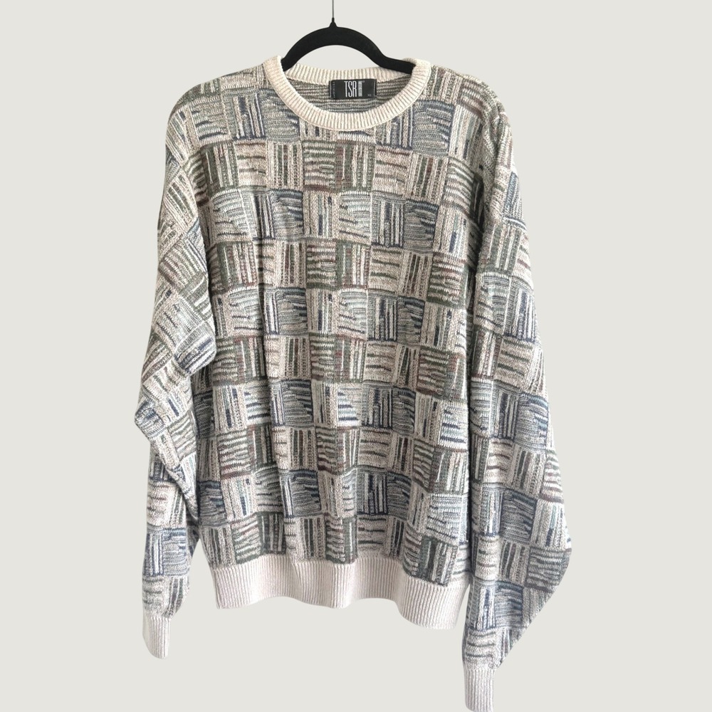 Vintage Grandpa Sweater Geometric 3D Textured Knit 90s Made in USA TSR Mens XL